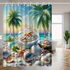 1Pc Tropical Beach Shower Curtain With Starfish & Seashells Design - Vibrant Palm Trees & Ocean Scene, Polyester, Machine Washab