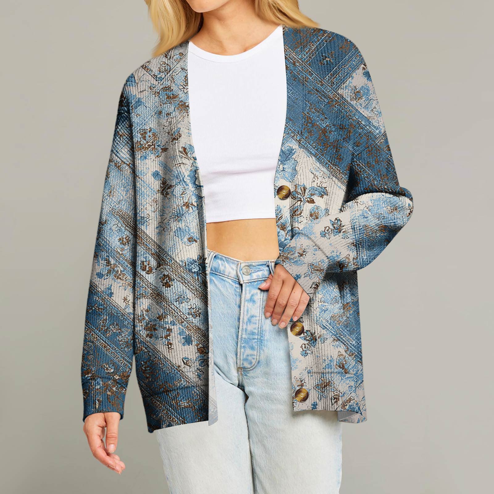 

Жіночий модний кардиган з довгим рукавом, різдвяним принтом, V-подібним вирізом на ґудзиках, вільного крою XXL синій