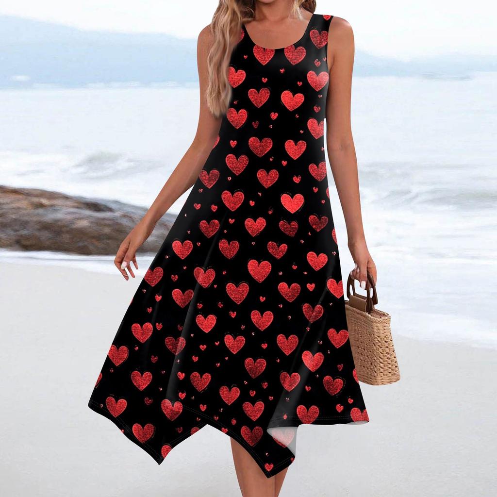 Women's Casual Fashion Round Neck Sleeveless Print Irregular Hem Midi Dress