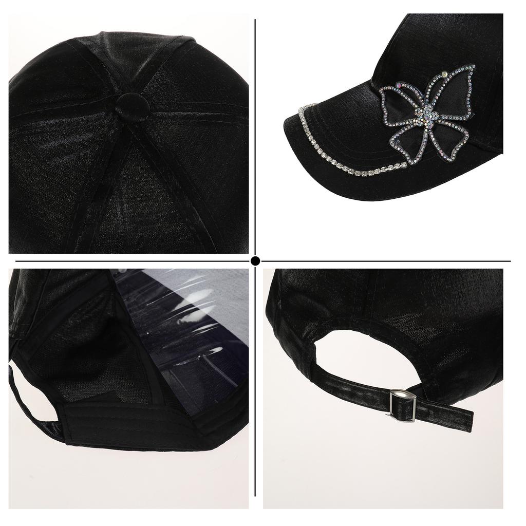 Fashion Women Rhinestone Butterfly Baseball Hat, Shiny Satin Sun Cap with Crystal Brim Decoration, Adjustable Elegant Casual Peaked Visor Hat
