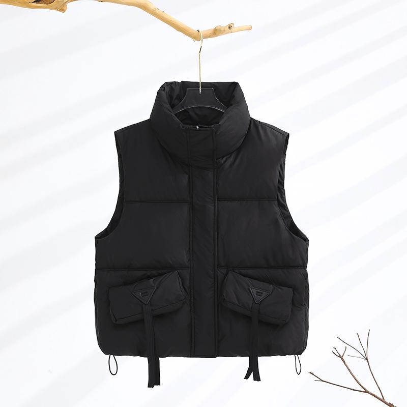 Color women's clothing spring and autumn new cotton-padded vest drawstring stand-up collar sleeveless vest