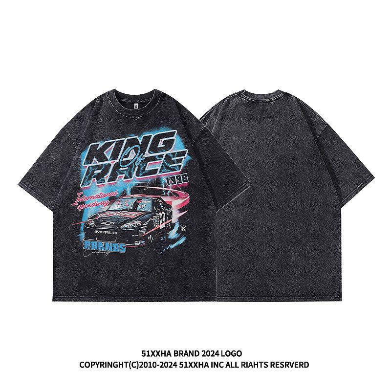 51 Hip Hop Wild Racing American Street Vibe Pure Cotton T-shirt Boys Ins Worn Looking Washed-out 250G Heavy Weight Short Sleeve