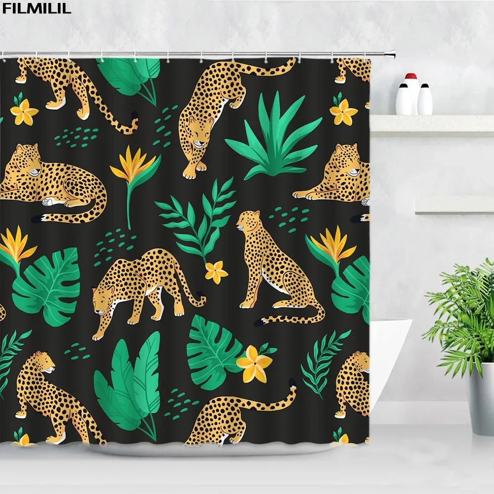 Plant Africa Leopard Shower Curtain Tropical Palm Leaf Zebra Toucan Flamingo Jungle Wild Animal Bathroom Decor Bath Curtains Set
