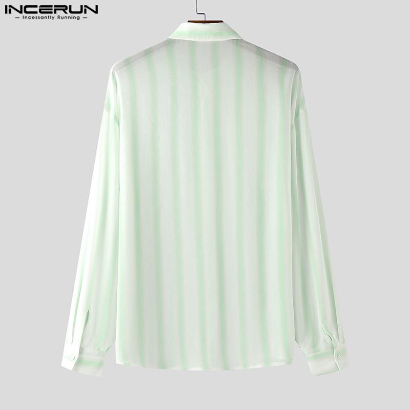 INCERUN Men Lapel Neck Long Sleeve Striped Side Lace-up Casual Oversized Shirts