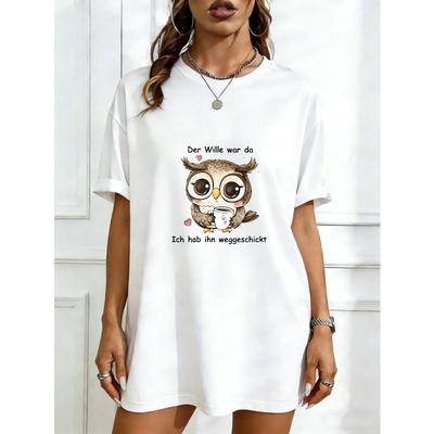 T-shirt Oversize Nera Gufo Carino Che Tiene Tazza di Caffè Con Stampa di Cuori Abbigliamento Casual Per Donne Outfit Estivo Streetwear Moda Top