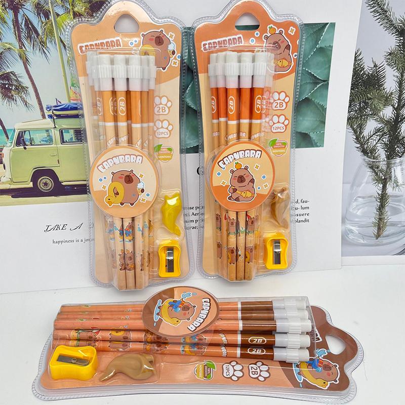 1Set Cartoon Cute Capybara Hb Pencils Pencil Sharpener Eraser Stationery Set Student Writing Drawing Hb Pencils Sketch Pens
