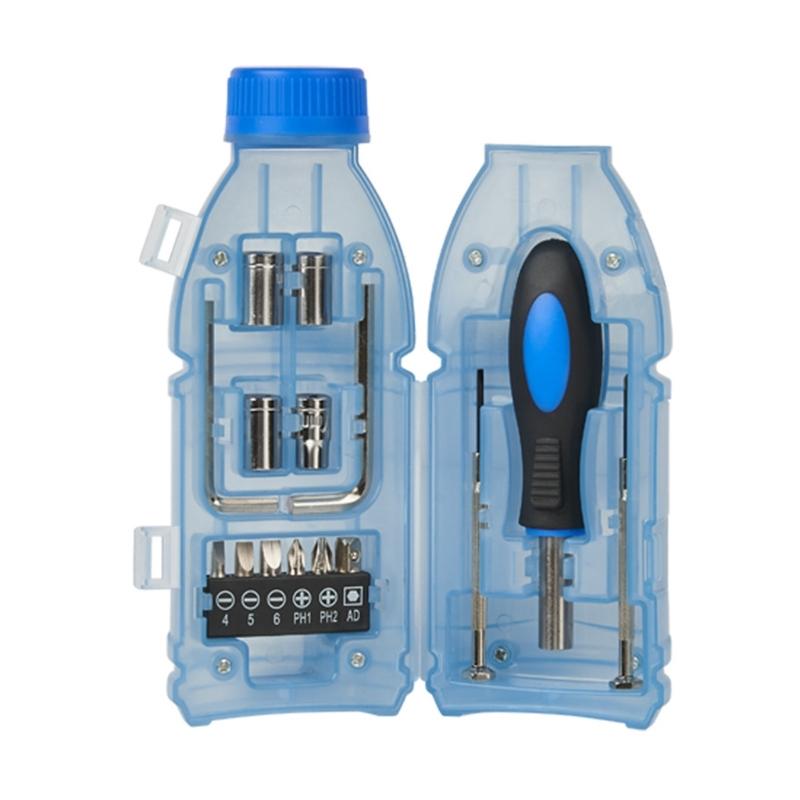 Multifunctional 15 in 1 Bottle Shaped Tool Set Includes Particles Clear Case