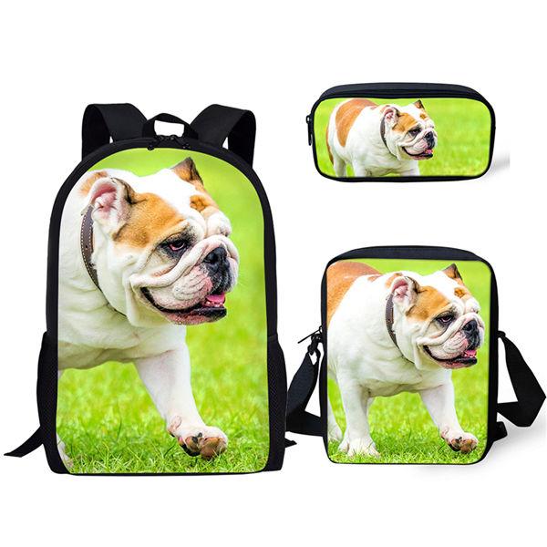 Classici Cuccioli di Bulldog Animali Carini Stampa 3D 3pz/Set zaini per studenti Zaino per Laptop Zaino a spalla inclinata Astuccio