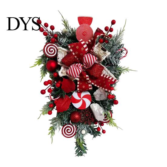 Festive Atmosphere Decoration Candy Cane Christmas Teardrop Swag, Red White Striped Peppermint Swag Artificial Wreath for Front Door, Indoor