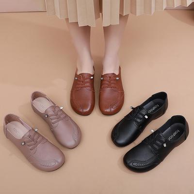 Frühlings- und Herbstschuhe, bequeme weichsohlige Mittel- und Altleder-Schuhe, rutschfeste flachsohlige ältere Freizeit-Damenschuhe
