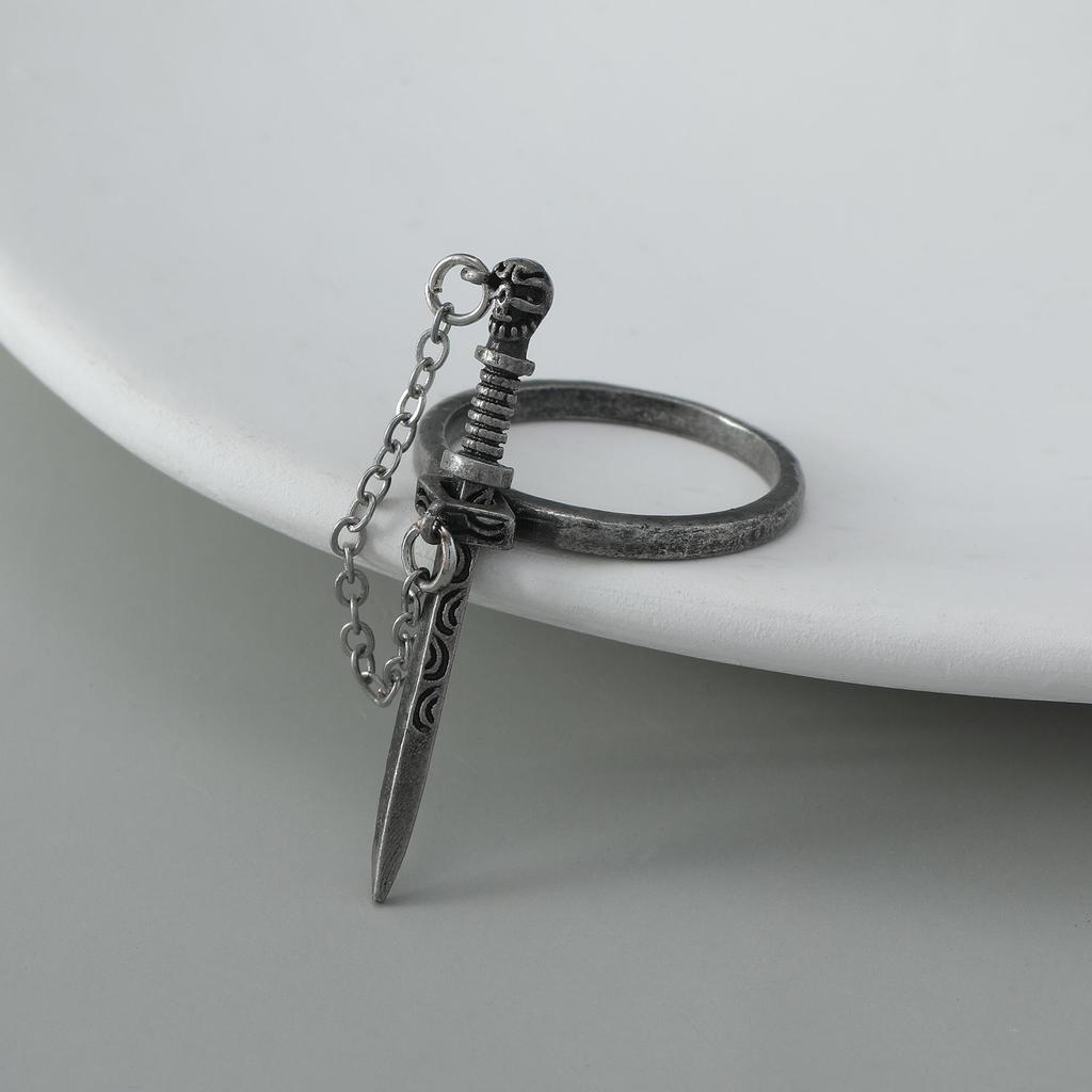 Gothic Cross Sword Ring for Women - European & American INS Style with Chain Tassel & Skull Design