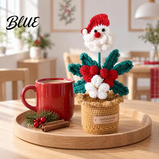 Winter Home Ornaments Crochet Potted Santa Plant Handmade Christmas Ornament Decorative Knitted Plant Gift Flower for Office Desk Bookshelf