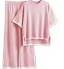 Women's Loose Two Piece Outfit Set Short Sleeve Knit Top Elastic Waist Wide Leg Pants Loungewear