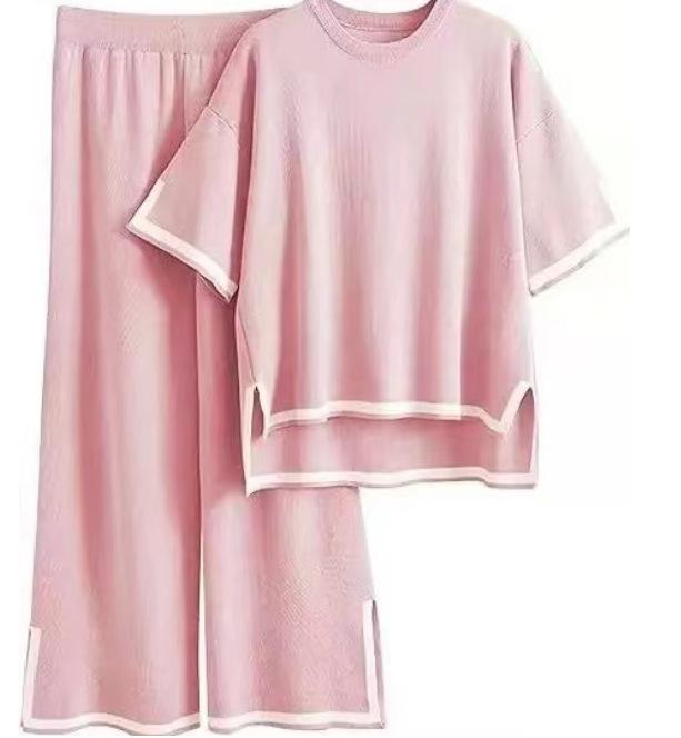 Women's Loose Two Piece Outfit Set Short Sleeve Knit Top Elastic Waist Wide Leg Pants Loungewear