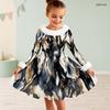 Girls High Neck Long Sleeve Blue White Printed A Line Flared Dress With Fur Trim And Bow