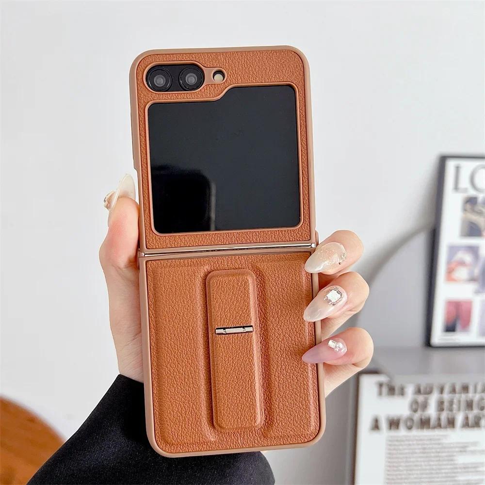 PU Leather Cover with Invisible Bracket For Samsung Galaxy Z Flip 6 5 4 3 Flip6 Flip5 Flip4 Flip3 5G Hard Plastic Phone Case