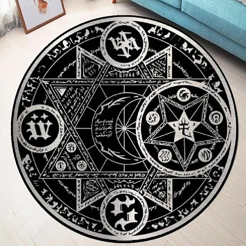 Motivo Sole Pentagramma, Schema Pentacolo, Carta Stellare, Stampa d'Arte Orientale Misteriosa, Tappeto con Rune Soprannaturali Bianco e Nero
