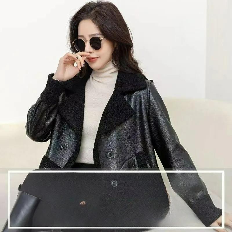 Leather Women's Plus Velvet Thickened Autumn and Winter Wear Loose Winter Western Style Short Ladies Leather Jacket on Both Sides