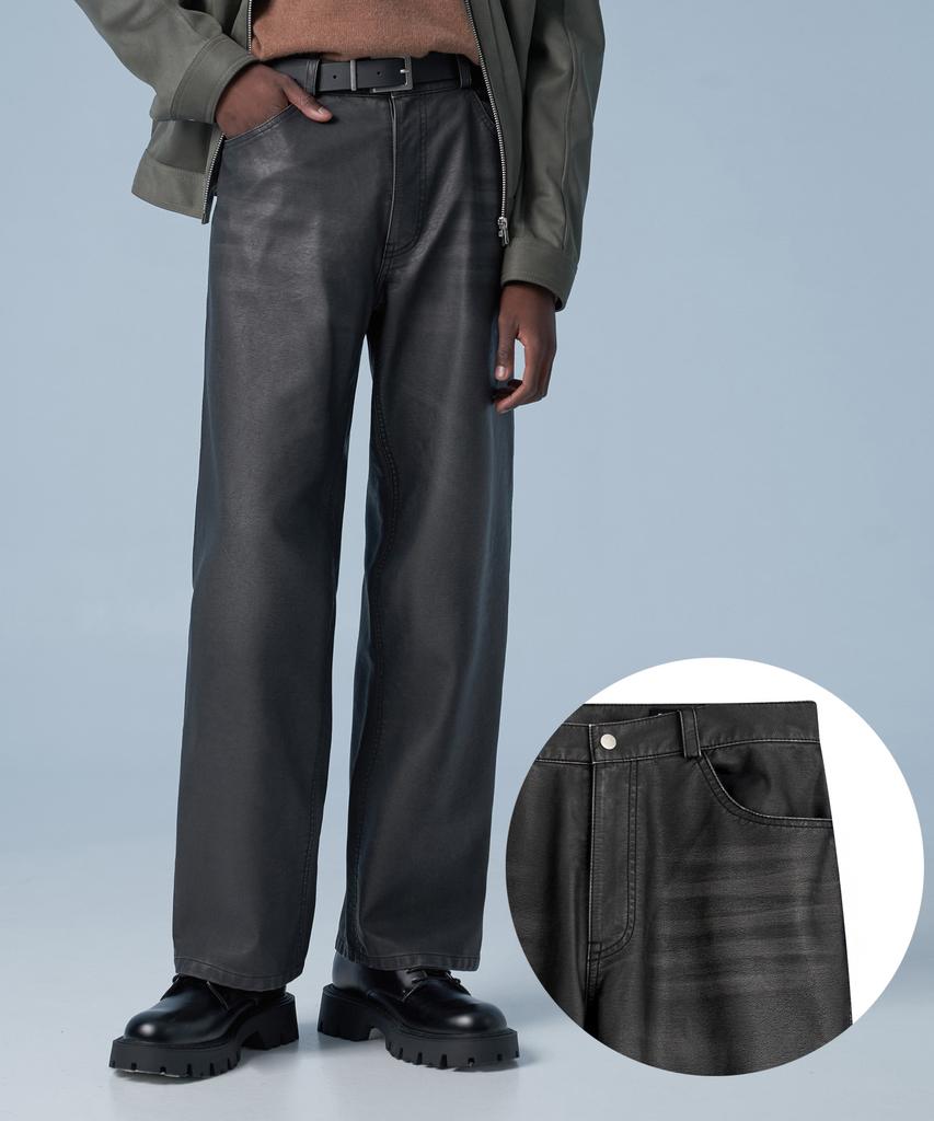 Sperone Cracked Leather Loose Pants (Black)