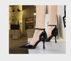 European & American High Heel Pointed Patent Leather One-Strap Sandals with Sexy Hollow Design