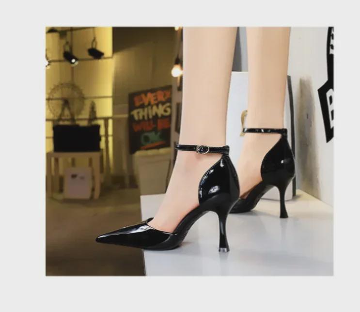 European & American High Heel Pointed Patent Leather One-Strap Sandals with Sexy Hollow Design