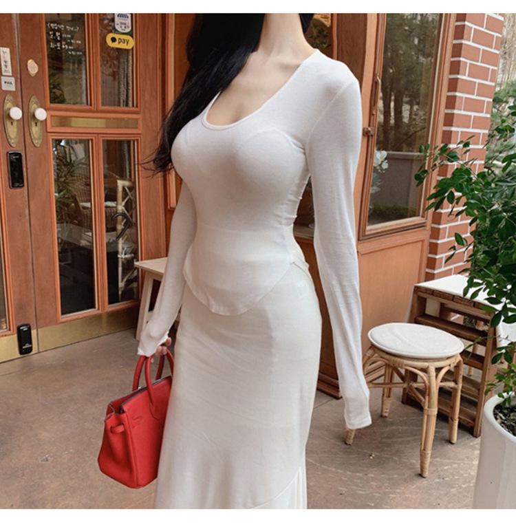 Korean Dongdaemun Low-Cut Slimming Long Sleeve T-Shirt with Curved Hem - Women's Clothing