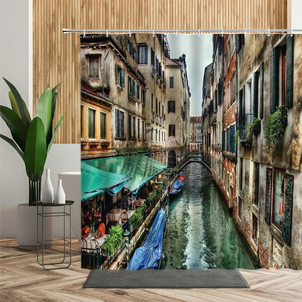 Scenery Shower Curtain Greece Seaside City Blue House Printed Fabric Bath Curtain Home Bath Decoration Bathtub Screen With Hooks