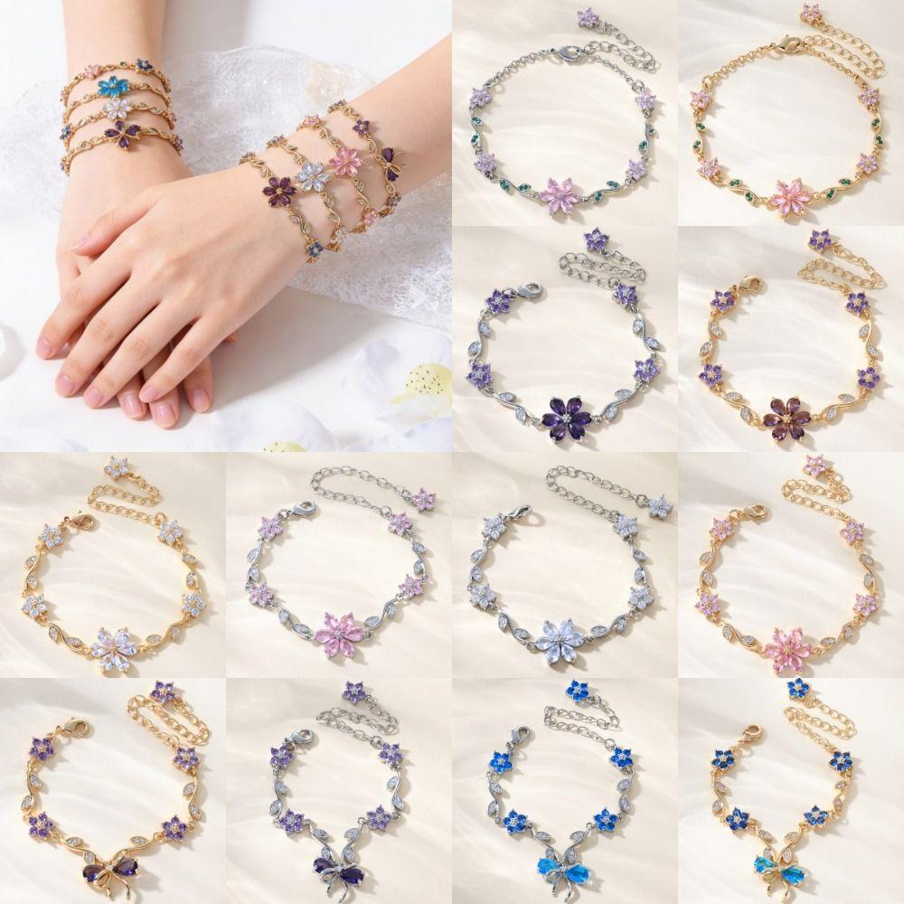 Luxury Pink Cubic Zirconia Chain Fashion Shiny Rhinestone Bangle  For Women