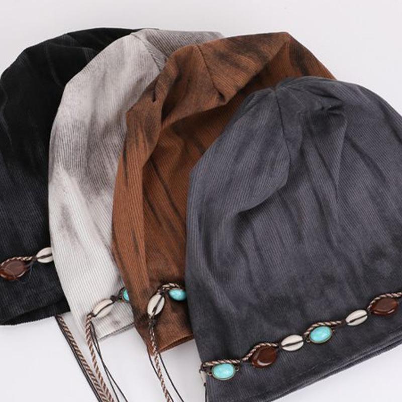 Tie Dyed Tassel Pile Hat for Women New Retro Beaded Face Showing Small Knitted Hat  Versatile Pullover Cold Hat Trend