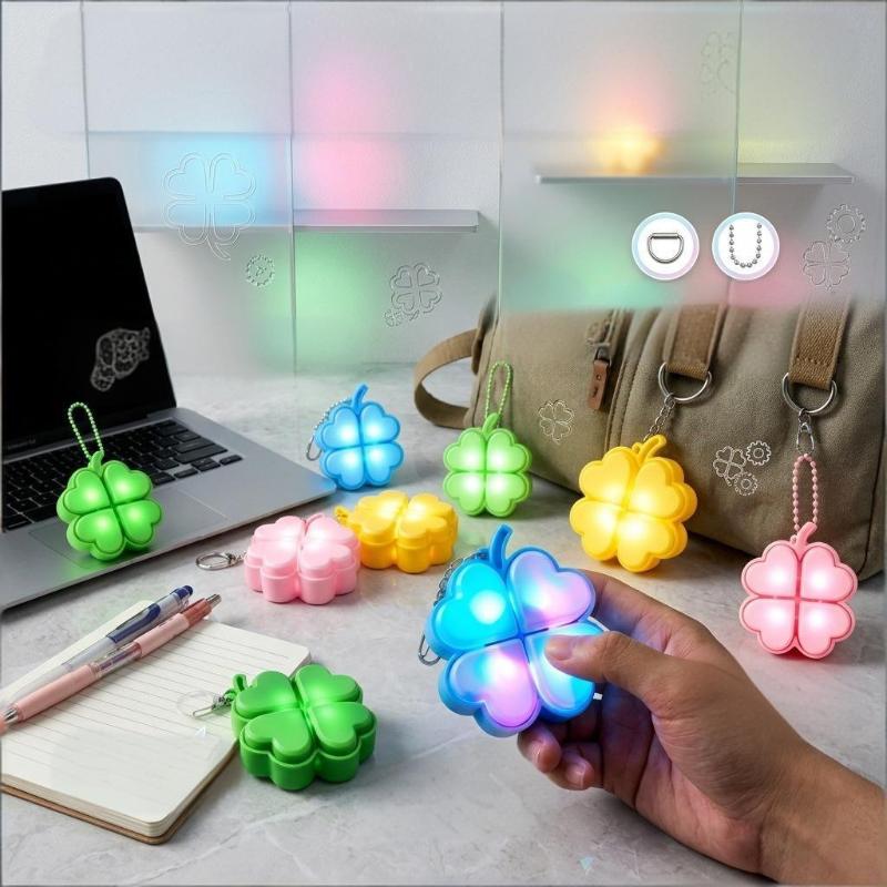 Four Leaf Clover LED Keychain Clickable Stress Relief Toy Backpack Pendant for Kids Birthday Return Gifts