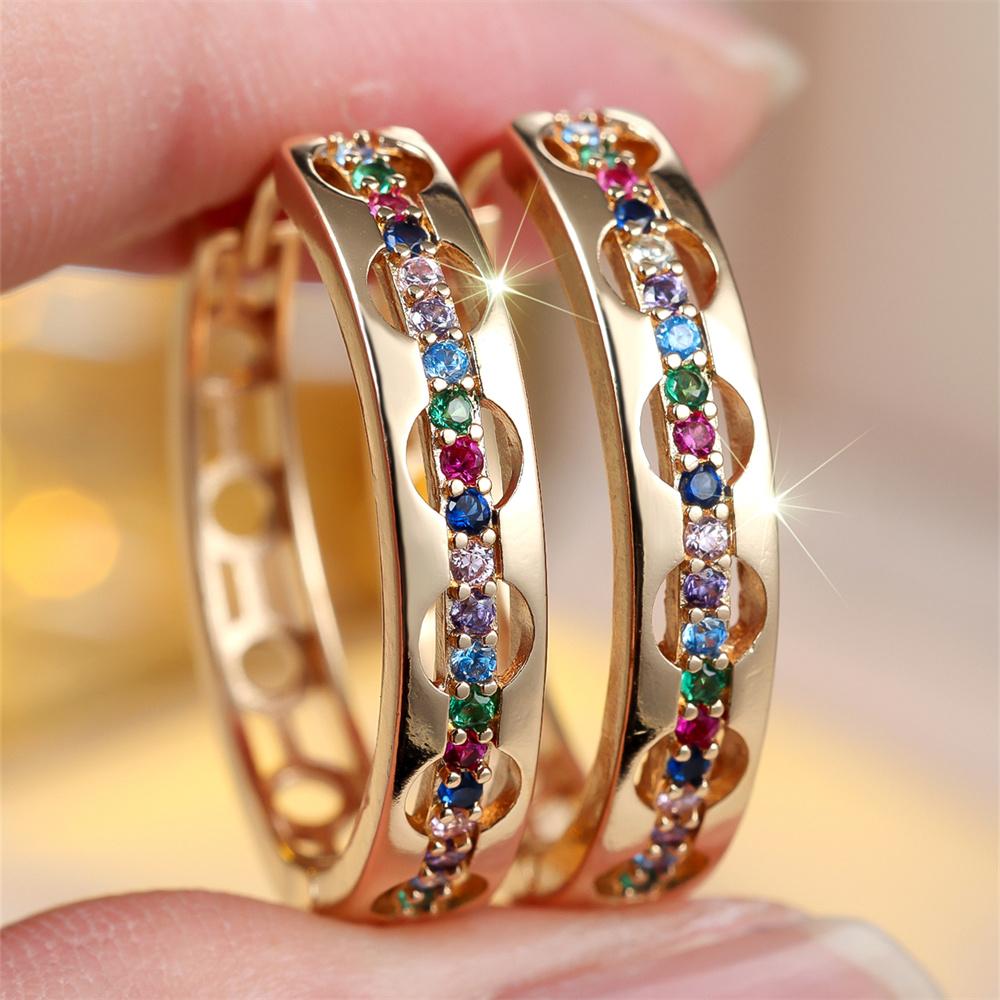 Rainbow Zircon Vintage Hollow Round Stone Hoop Earrings For Women Antique Trendy Gold Color Tiny Ear Buckle Wedding Jewelry Gift