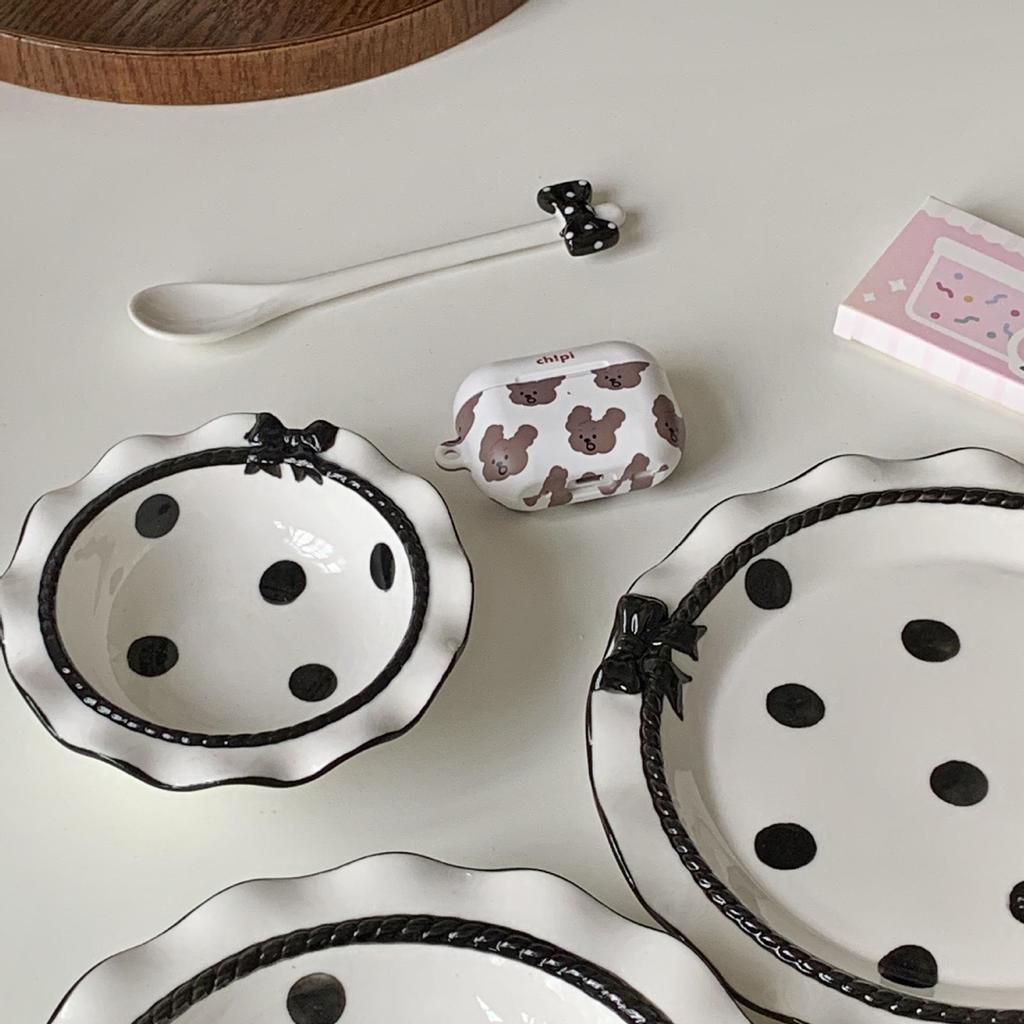 Korean Cute Bow Lace Ceramic Plate & Rice Bowl Set for Desserts and Cakes