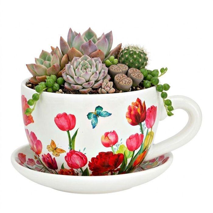 Pot de fleurs - EDEN - Tulipes - Décor floral rouge - Céramique - 20 x 15 x 12 cm