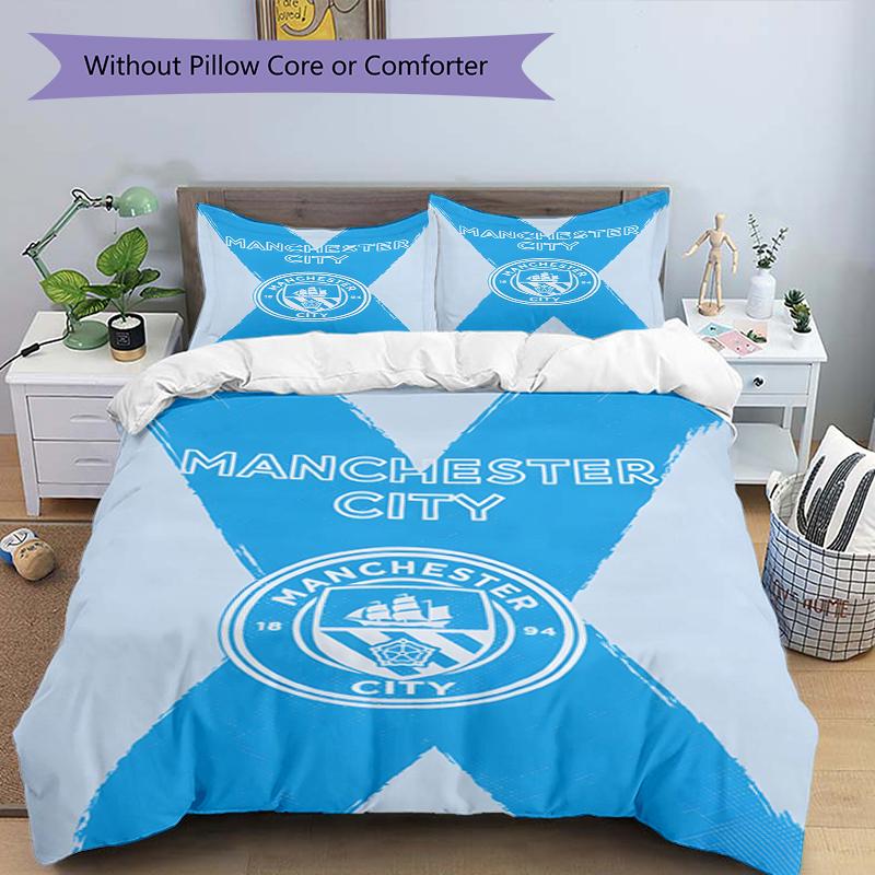3pcs Duvet Cover Set (1*Duvet Cover + 2*Pillowcase, Without Core),Manchester City FC Print Bedding Set, Bedroom Decor, All‑Season, Birthday Gift