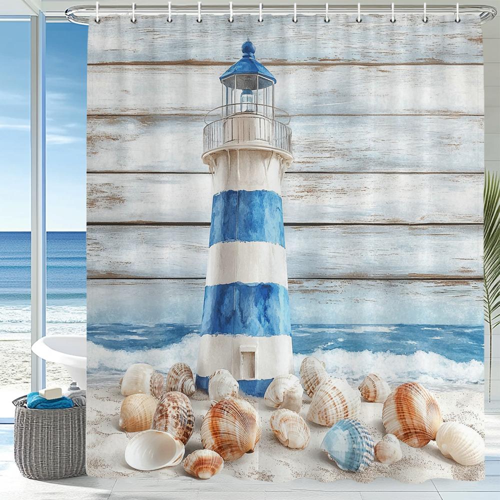Blue Ocean Beach Seaside Lighthouse View Shower Curtain, Bathroom Decorative Shower Curtains, Home Curtain With Hooks