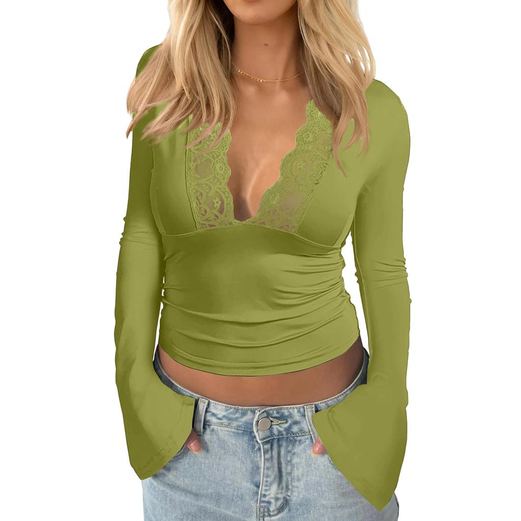 Damen Einfarbig Langärmlig Slim Fit V-Ausschnitt Patchwork Spitze Top