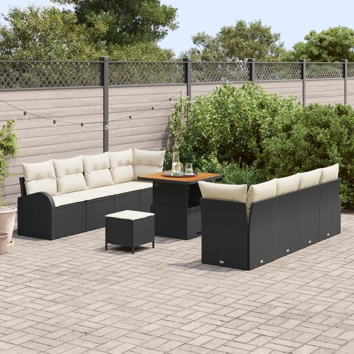 Set de canapé de jardin 11 pièces avec coussins Rotin noir Acacia, Sofa de jardin 2 places avec rangement et coussins Rotin 3364315