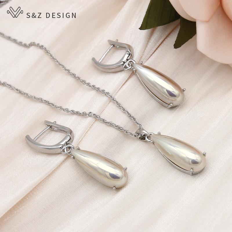 Fashion Water Drop Simulated-pearl Dangle Earrings Jewelry Sets For Women Wedding Rose Gold Color Pendant Necklace