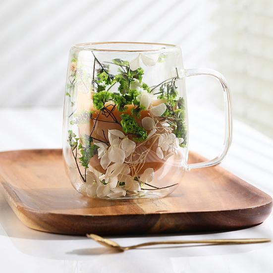 Double-Wall Dried Flower Glass Mug with Handle 350ml Borosilicate Glass Coffee Cup for Hot Cold Drinks Heat-Resistant Clear Unique Gift for