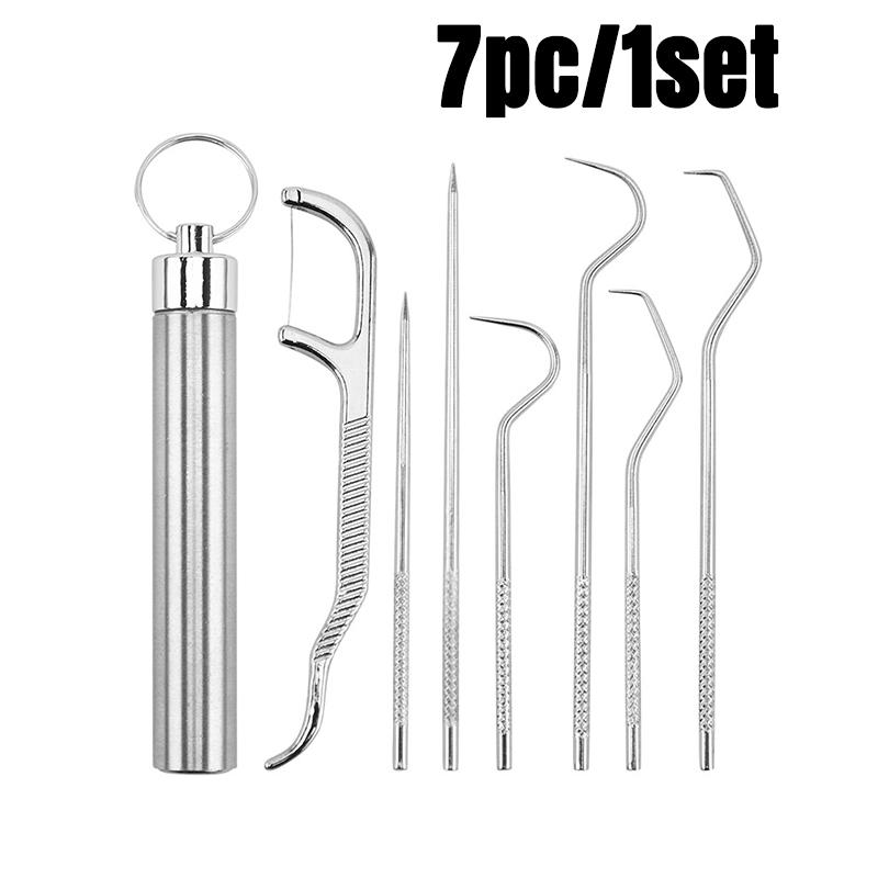 7pc/1set Stainless Steel Toothpicks Pocket Set With Keychain Reusable Metal Teeth Cleaner Tools Portable Nursing Care Tools