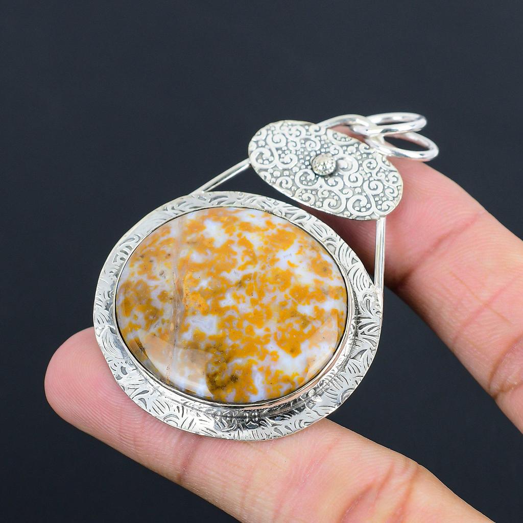 Friendship Day Deal Round Natural Plume Agate Sister Pendant 925 Sterling Silver