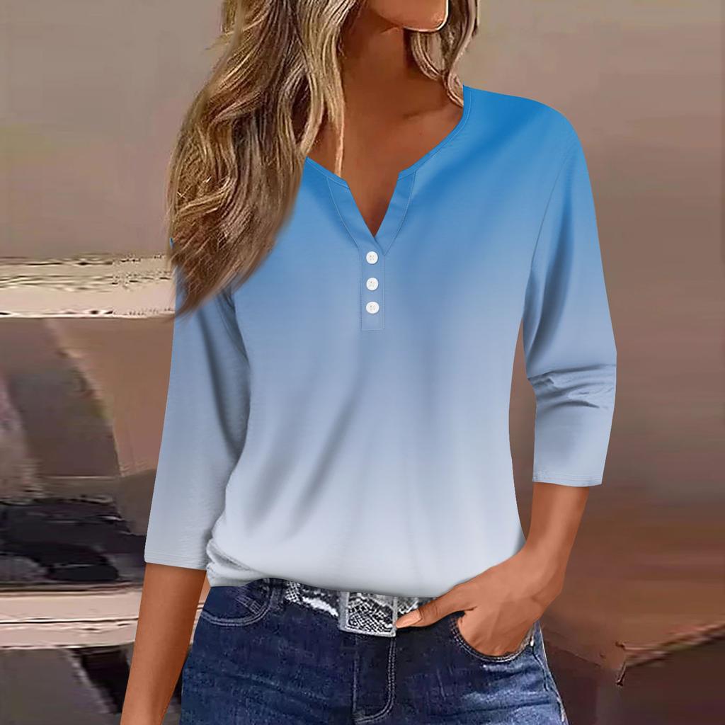 Women's Fashion Casual Printed V-Neck Seven Sleeve Button Down T-Shirt Top