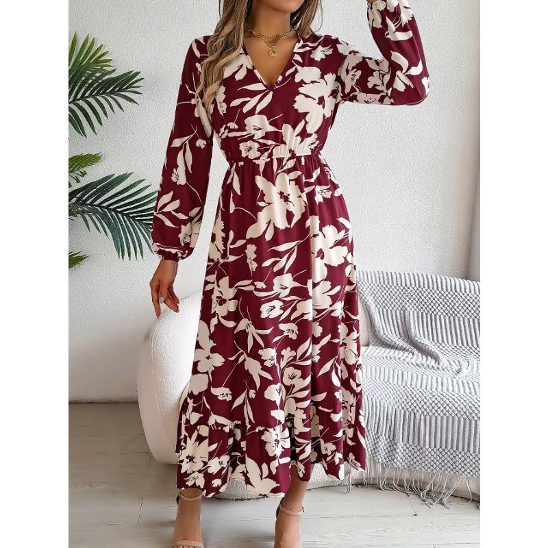 Women's Autumn/winter Casual Flower Waist Tucked Long Sleeve Ruffled Dress