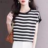 ZANZEA Women Casual Round Neck Short Sleeve Striped Solid Color Loose Blouse