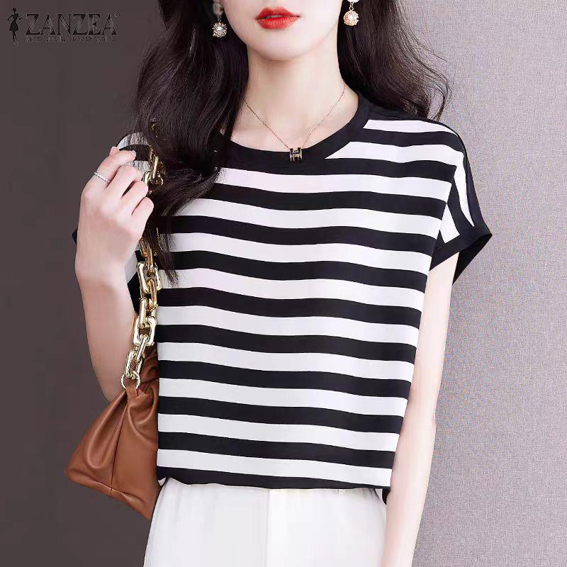 ZANZEA Women Casual Round Neck Short Sleeve Striped Solid Color Loose Blouse