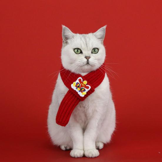 Yousheng Red Knitted Cat Scarf Chinese New Year Pet Scarf Embroidered Fortune Scarf for Cats Small Dogs Spring Festival Dress-up Accessory