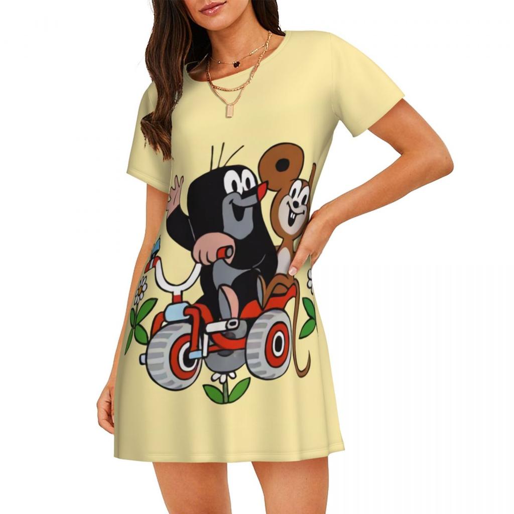 Cartoon Comic Damen Oversized Rundhals Modisches Lockeres Lässiges Sommerkleid mit Kurzen Ärmeln