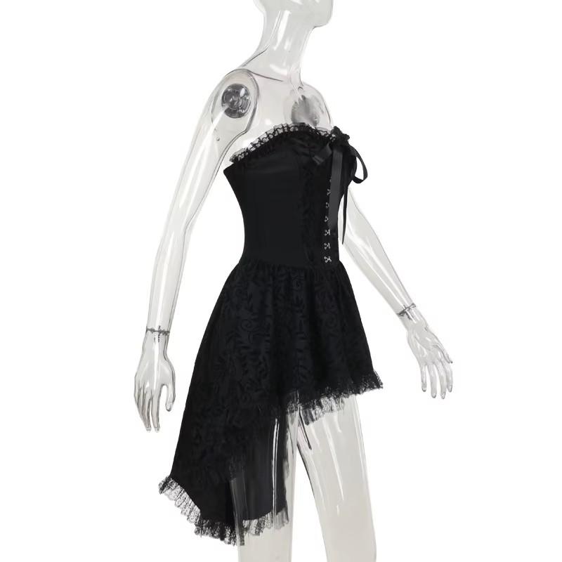 Gothic Goth Dark Lace Patchwork Bandage Strapless Corset Dress Party Gown Fairy Backless Tailed Women