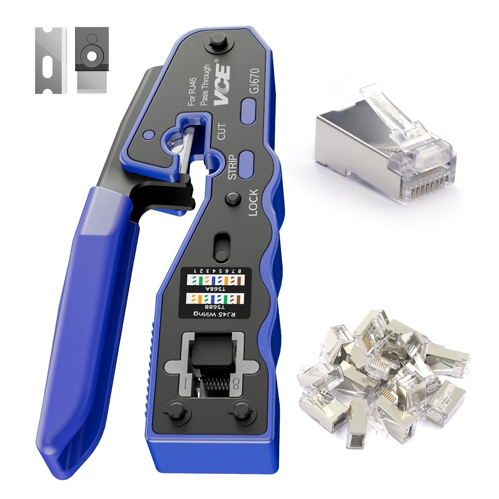 

VCE RJ45 Crimping Tool Penetration Type RJ45 Interference Easy Compatible + Connectors, 25-Piece Set, CAT6, CAT5E, CAT5, Shielded, Prevention, Wiring,