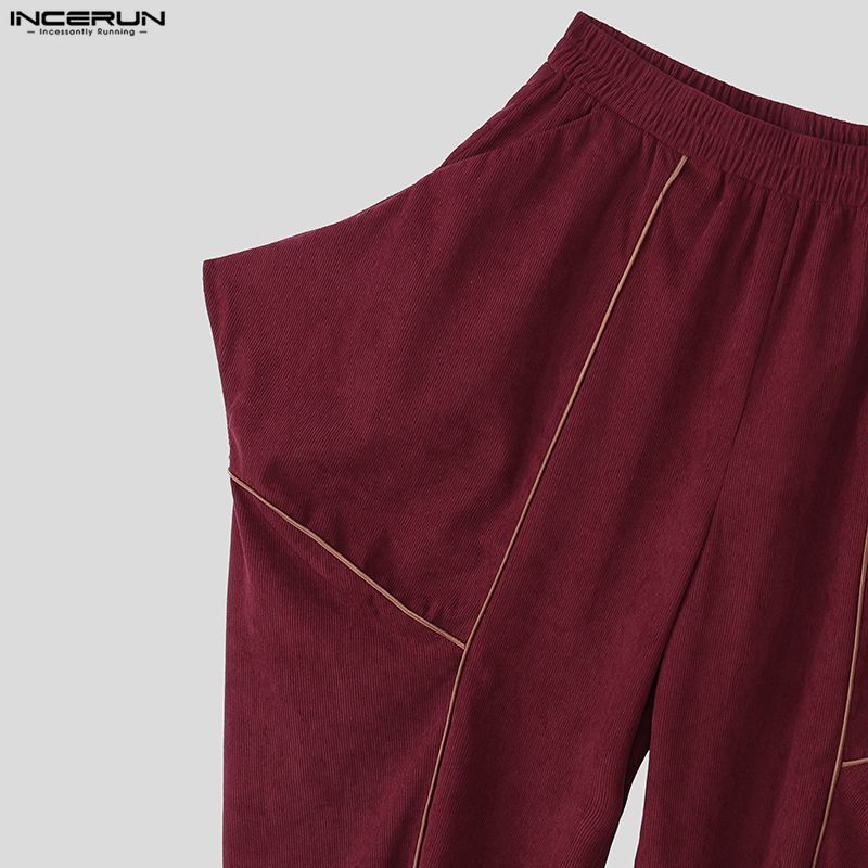 INCERUN Men Elastic Waist  Stitching Casual Long Texture Drop-crotch Pants Trousers